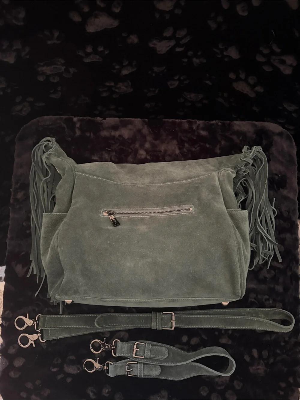 Sorial Dark Olive Suede Fringe Crossbody/shoulder handbag with two Straps
